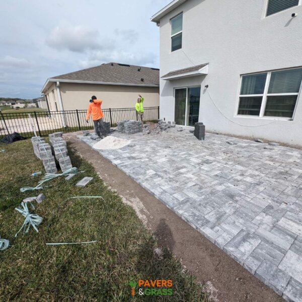 Backyard and sidewalks with white charcoal pavers